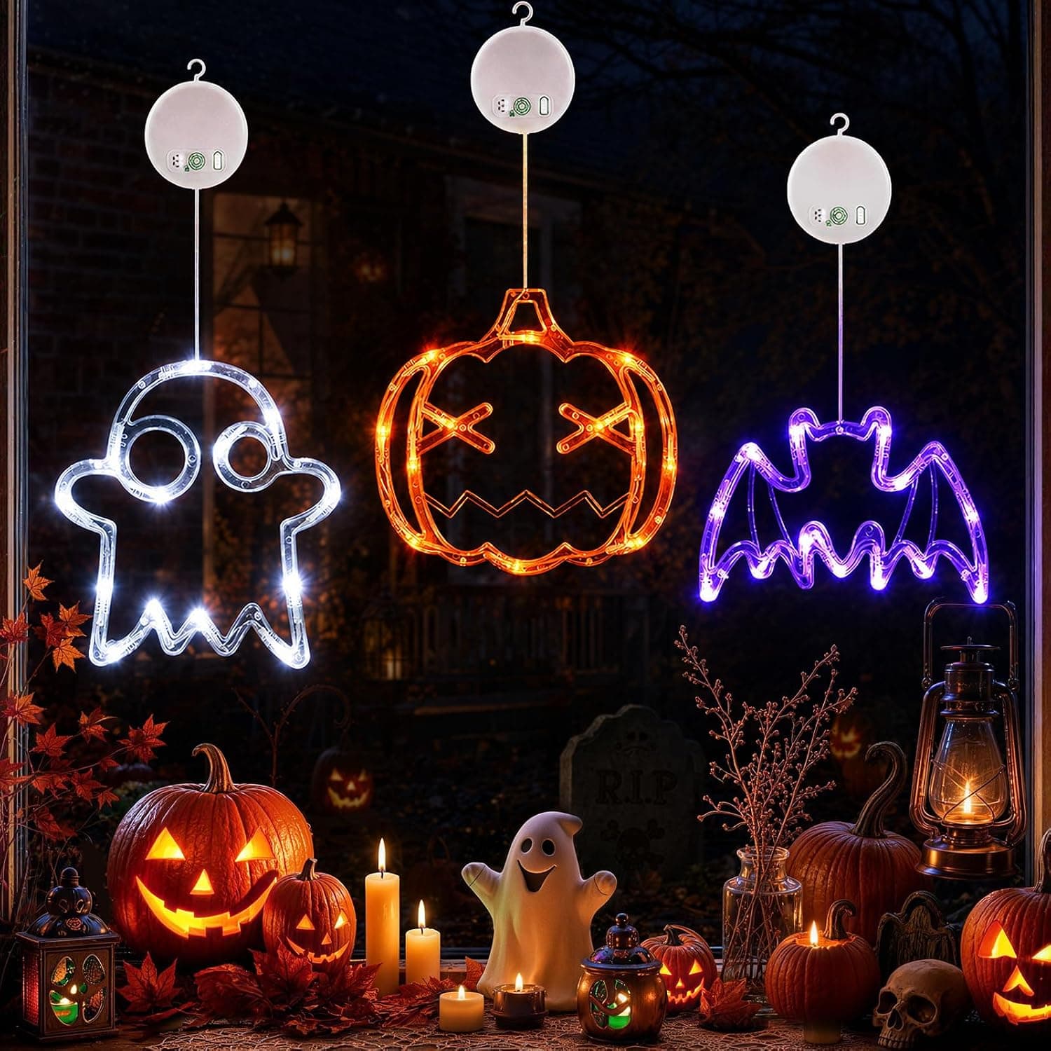LOLStar Halloween Decorations, 3 Pack Pumpkin, Ghost, Bat Window Lights
