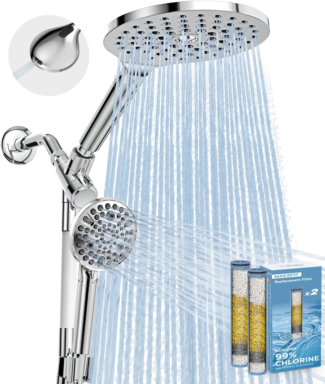 MakeFit Dual Filtered Rain Shower Head Combo, Handheld Shower Head with Adjustable Bar - Rainfall Shower Head And Showerhead with Filter for Hard Water - Removes Chlorine