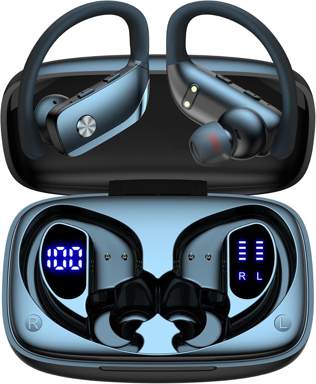 bmani Ear Buds Wireless Earbuds Bluetooth Headphones with 80H Playtime LED Display Case, Over-Ear Hook with Mic, Stereo Sound, Easy Button Controls, Sports Earphones for Running Workout Gym Black