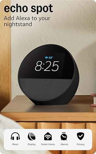 Amazon Echo Spot (newest model), Great for nightstands, offices and kitchens, Smart alarm clock, Designed for Alexa+, Black
