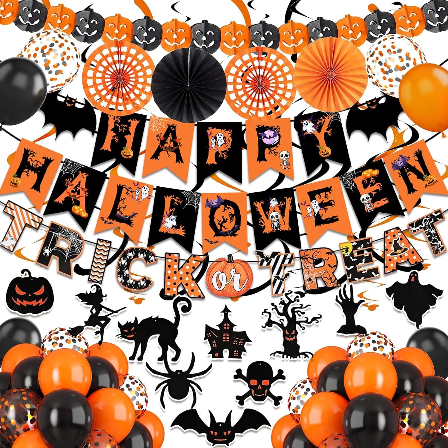 Fecedy Black Orange Happy Halloween Trick or Treat Banner Paper Fan Balloons & Swirl Streamers Goul Bat Cat Bird Ghost Pumpkin Lantern for Halloween Decorations