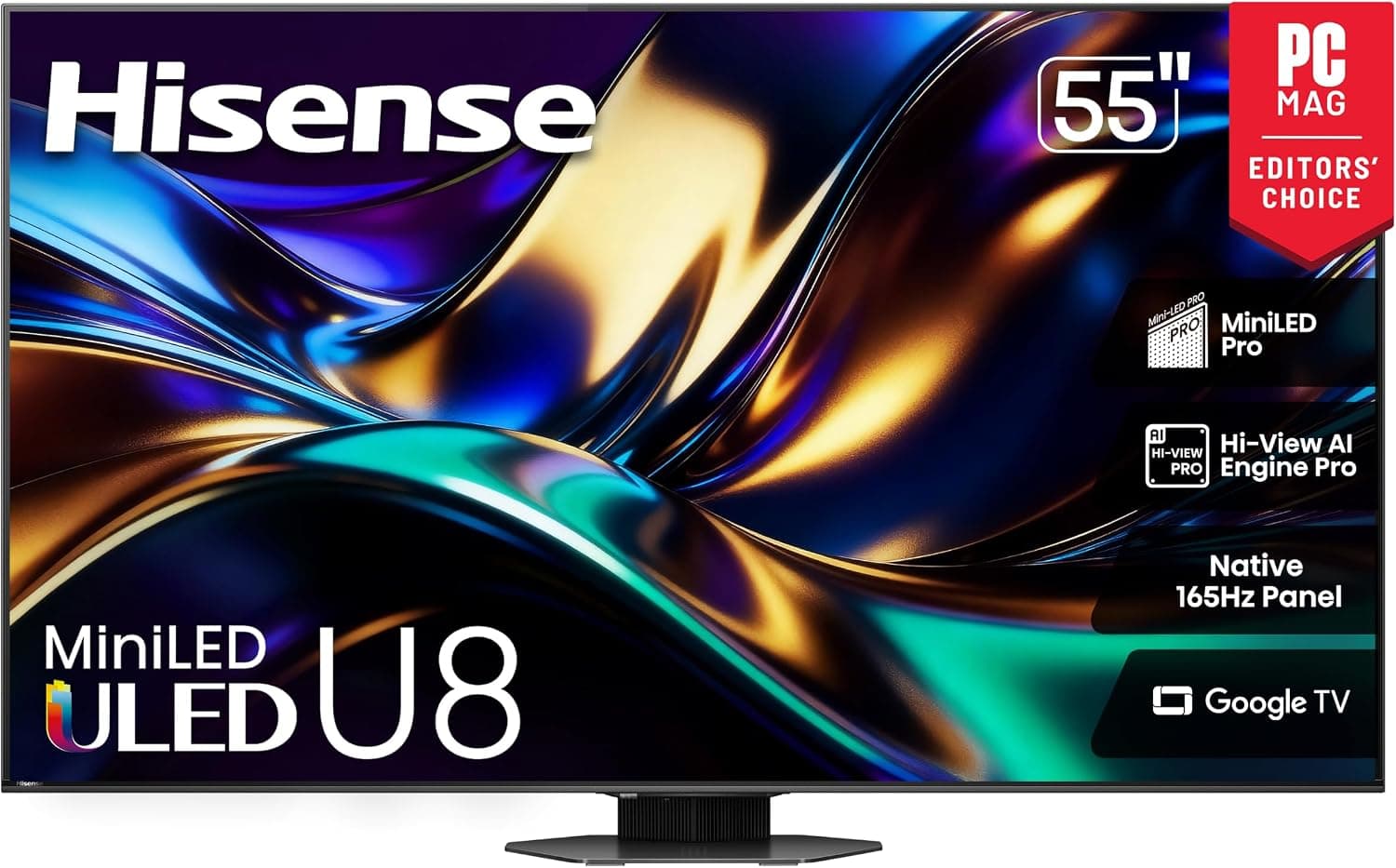 Hisense 55" U8 Series ULED Mini-LED 4K UHD Smart Google TV (55U8QG) - QLED, Native 165Hz, VRR 288, Up to LD5600, 5000 Nits, HDR10+, Dolby Vision IQ · Atmos, IMAX Enhanced, 4.1.2 Ch Audio